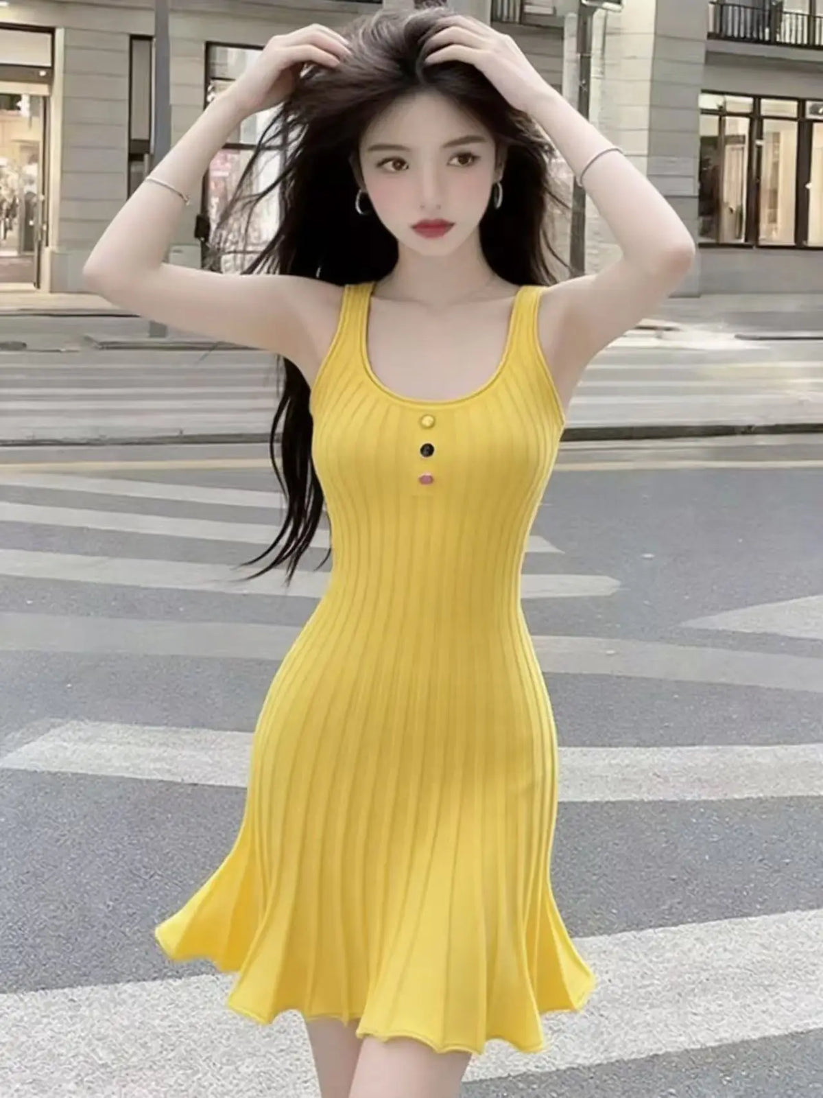 2026 Summer New Women's Square Neck High Waist Suspender Dress, Fashionable Casual Vacation Style, Waist Pockets, A-line Skirt
