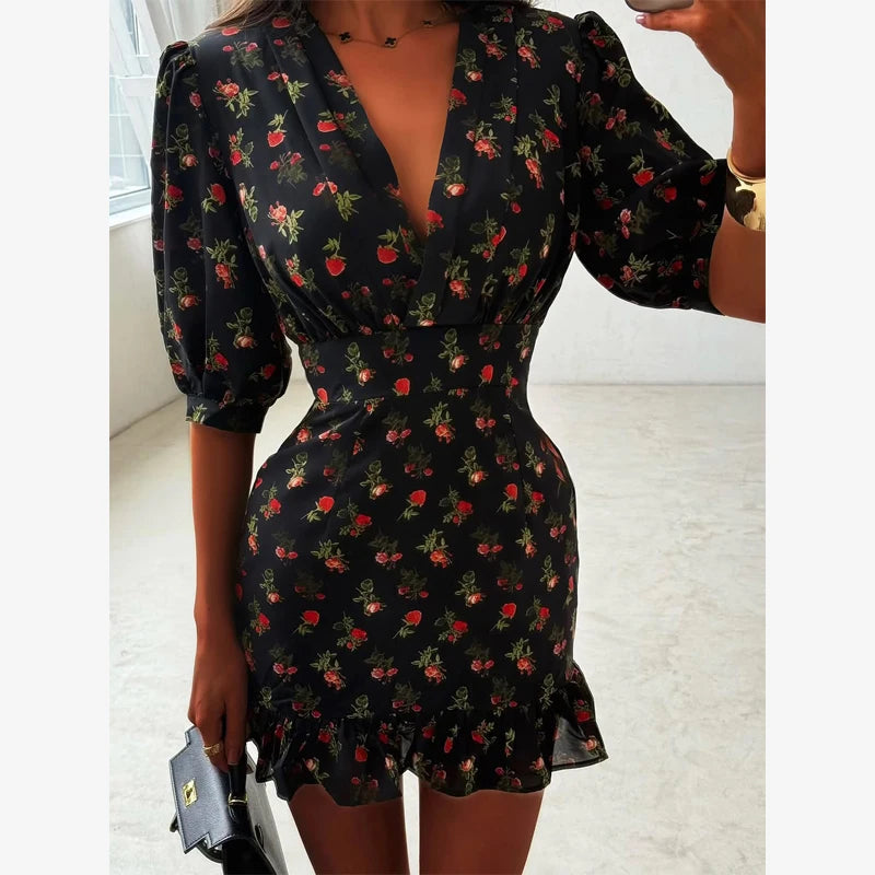 Women Chic Floral Print Bodycon Dress Holiday v-neck Pleated Patchwork Flared Sleeve Ruffle 2026 Summer Casual Latest Vestidos