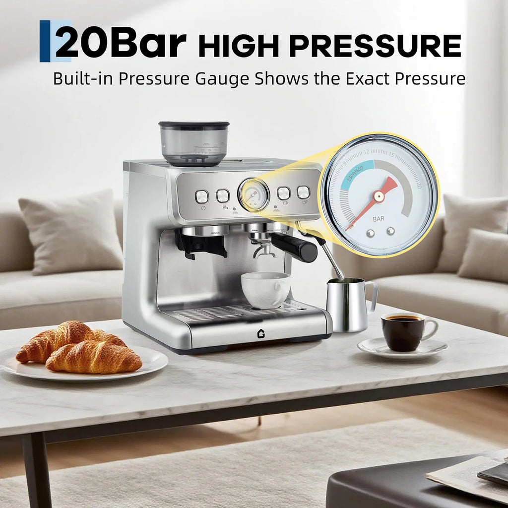 20 Bar Stainless Steel Espresso Machine With Grinder & Milk Frother 2.8L Removable Tank Adjustable Shot Volume For Home Office
