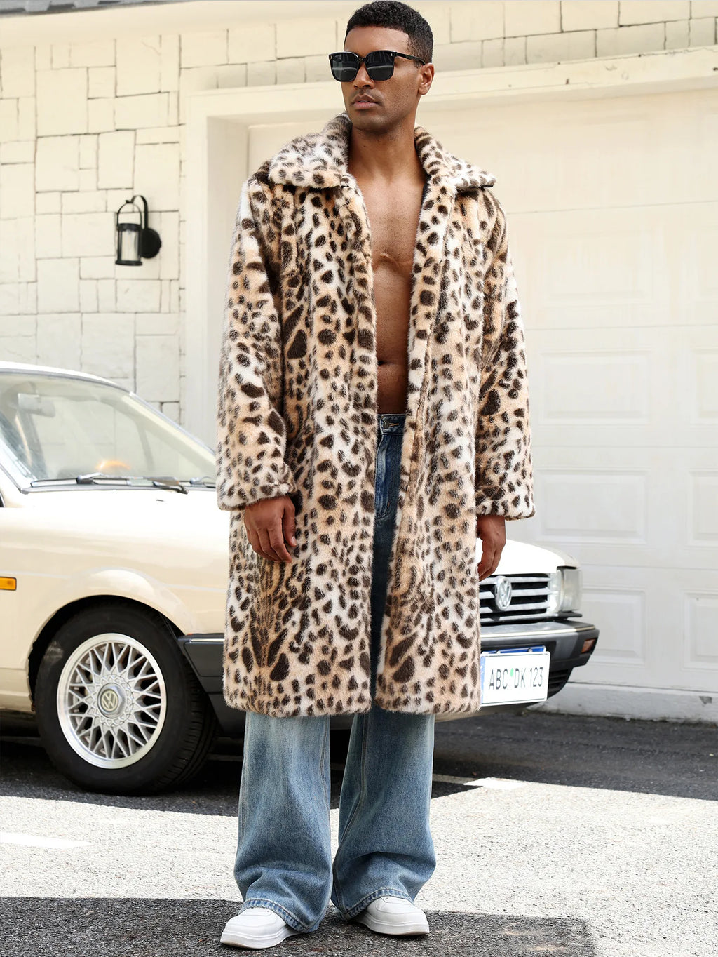 Men Faux Fur Coats Leopard Jackets Color Blocked Turn Down Collar Long Sleeve Single Breasted Straight Casual 2025 Autumn Winter