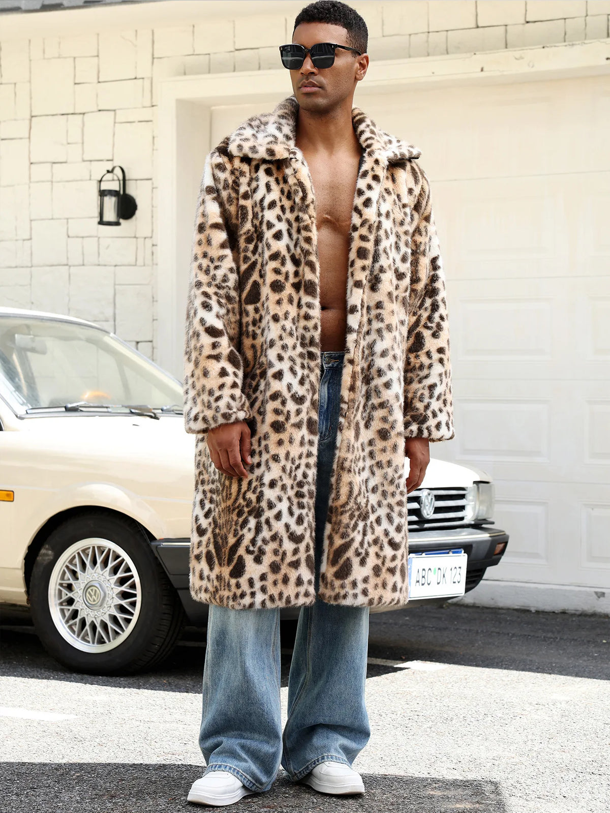 Men Faux Fur Coats Leopard Jackets Color Blocked Turn Down Collar Long Sleeve Single Breasted Straight Casual 2025 Autumn Winter