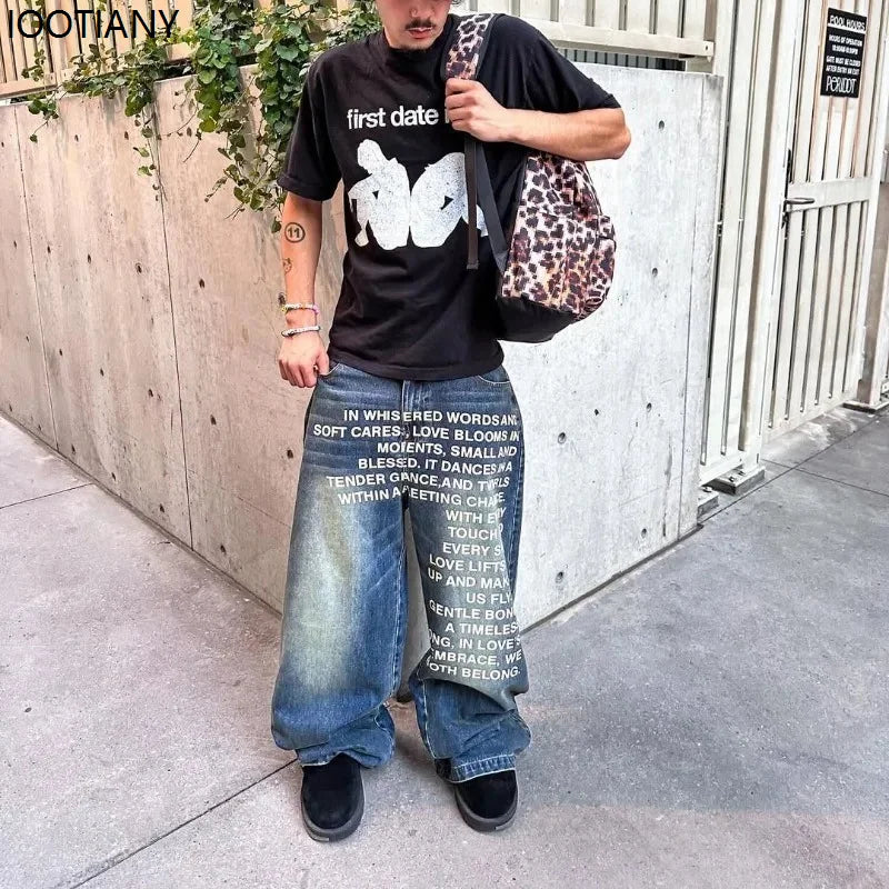 Vintage Letter Printed Women's Men's Jeans Y2k Harajuku Washed Wide Leg Jeans Loose Hip Hop Street Style Casual Mopping Pants