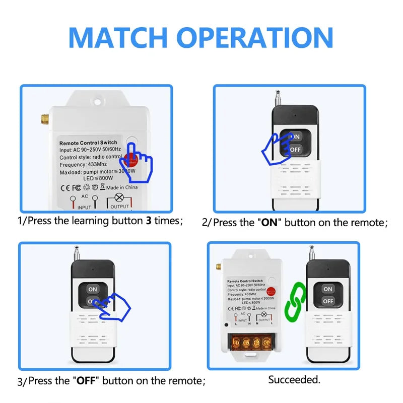 433 Mhz Remote Control Universal Wireless Remote Switch AC 220V 30A Relay Receiver 1000m RF Transmitter for Water Pump / Farm