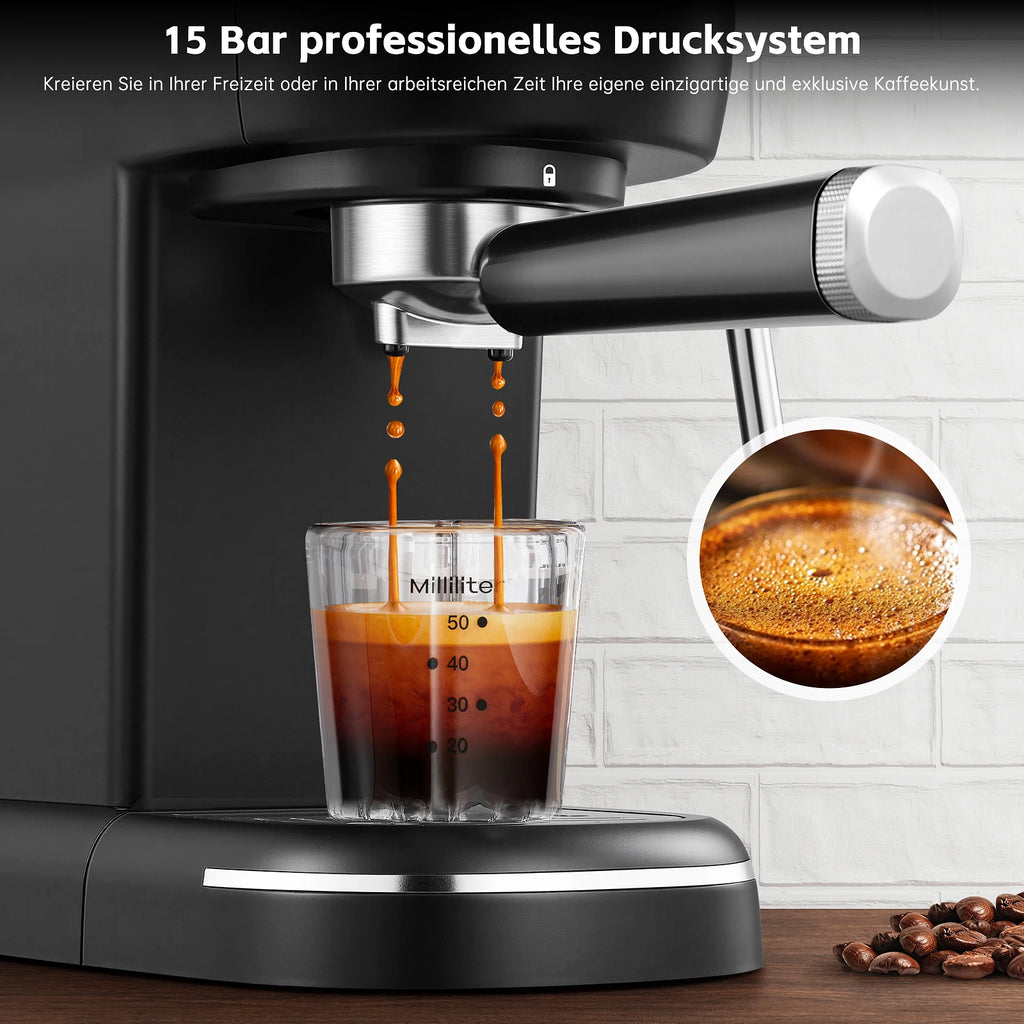 15 Bar 1.2L Removable Tank, Compact Cappuccino/Latte Maker, Stainless Steel, 1100W, Black Espresso Coffee Maker Machine