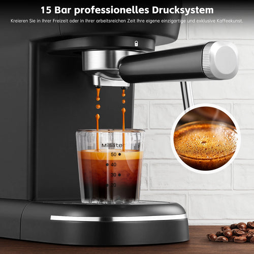 15 Bar 1.2L Removable Tank, Compact Cappuccino/Latte Maker, Stainless Steel, 1100W, Black Espresso Coffee Maker Machine