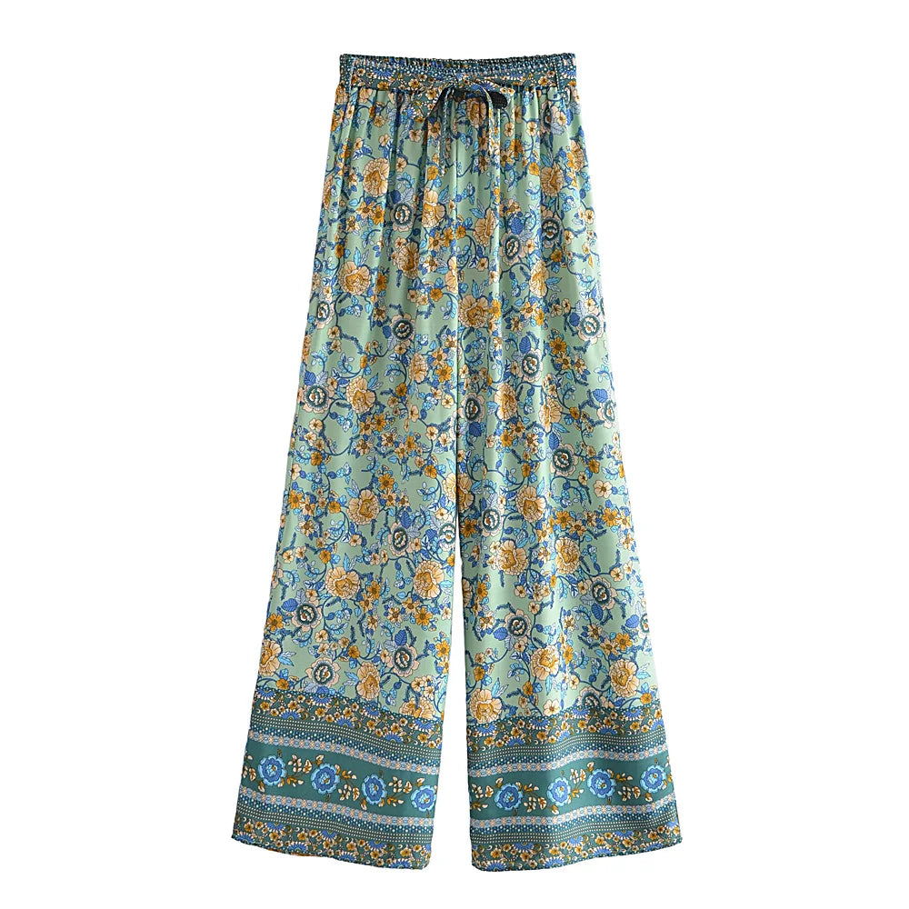 Vintage Chic  Women Floral Print Outfits Strap Sleeveless Tops Bohemian Suits Drawstring Pants 2 Pieces Rayon Cotton Boho Sets