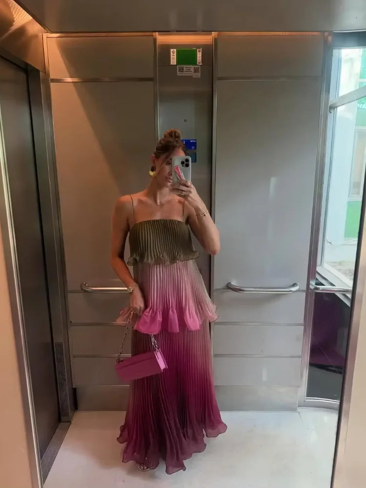 Chic Multicolored Pleated Women Maxi Dress Elegant Spaghetti Strap Ruffle Tiered Flowy Vestidos 2026 Summer Lady Vacation Outfit