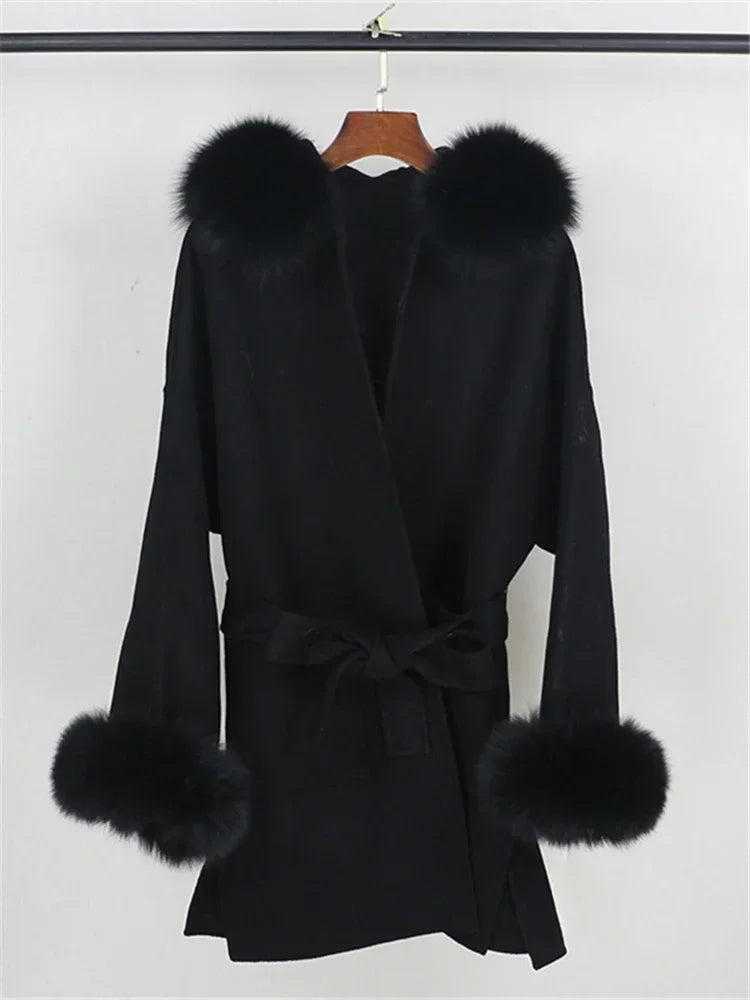 Real Fur Wool Outerwear Wool Blends Coat Natural Fox Fur Collar Hooded Cashmere Winter Jacket for Women Streetwear High Street