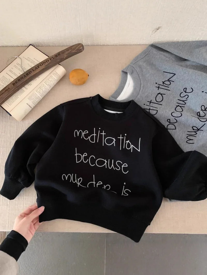 2025 Autumn New Children Solid Sweatshirt Baby Fashion Letter Printed Long Sleeve Tops Kids Girl Boy Crewneck Hoodie Clothing