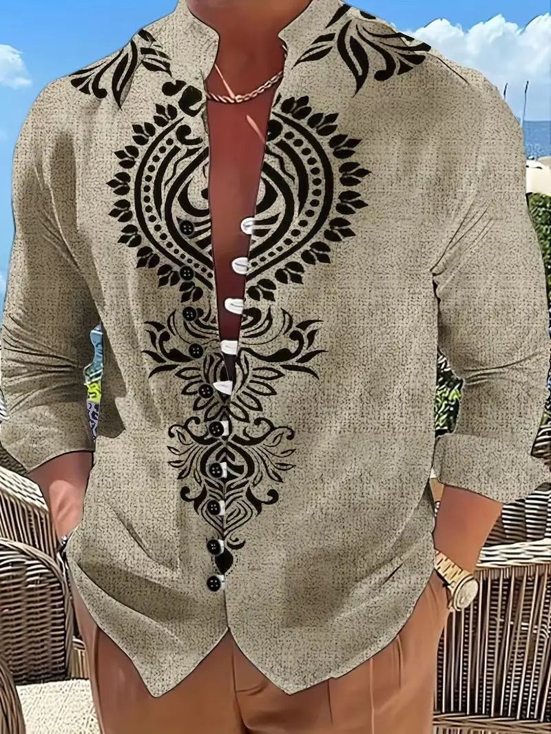 Men's Ethnic Embroidery Long Sleeved Shirt with Red and Black Floral Pattern, Comfortable and Fashionable Linen Long Shirt