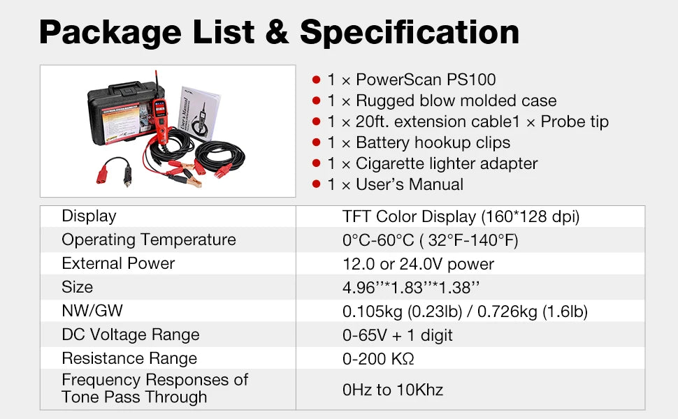 Autel PS100 PowerScan Electrical Automotive Circuit Tester Tool 12V 24V AVOmeter Diagnostic Tool