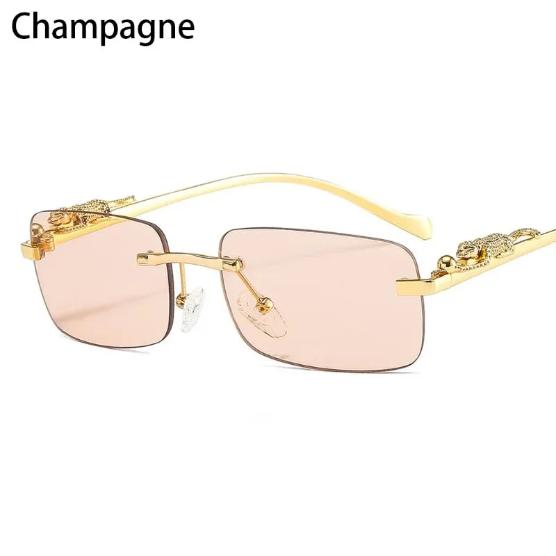 Unisex Luxury Rimless Square Sunglasses - Brand Designer Leopard Head Metal Shade Eyewear Travel Driving