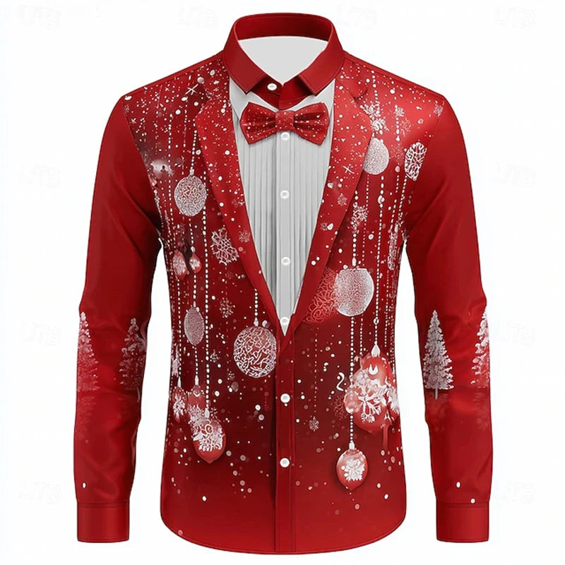 Red Christmas Shirts For Man Snowflake Bow Tie Christmas Shirt Long Sleeve Fashion Holiday Gift Shirt Oversized Mens Clothing