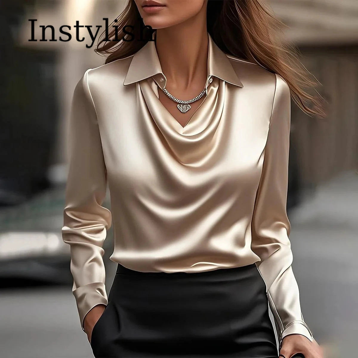Women Long Sleeve Lapel V Neck Satin Blouse Elegant Solid Loose Shirt Spring Summer Simple Chic Offce Lady Tops Fake Silk Shirt