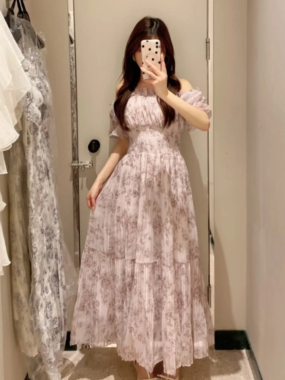 Kuzuwata Fairy Lovely Mesh Ruched Patchwork Robe Mid-length Puff Sleeve Off Shoulder Slim Mujer Japan Print Pleated Fresh Dress