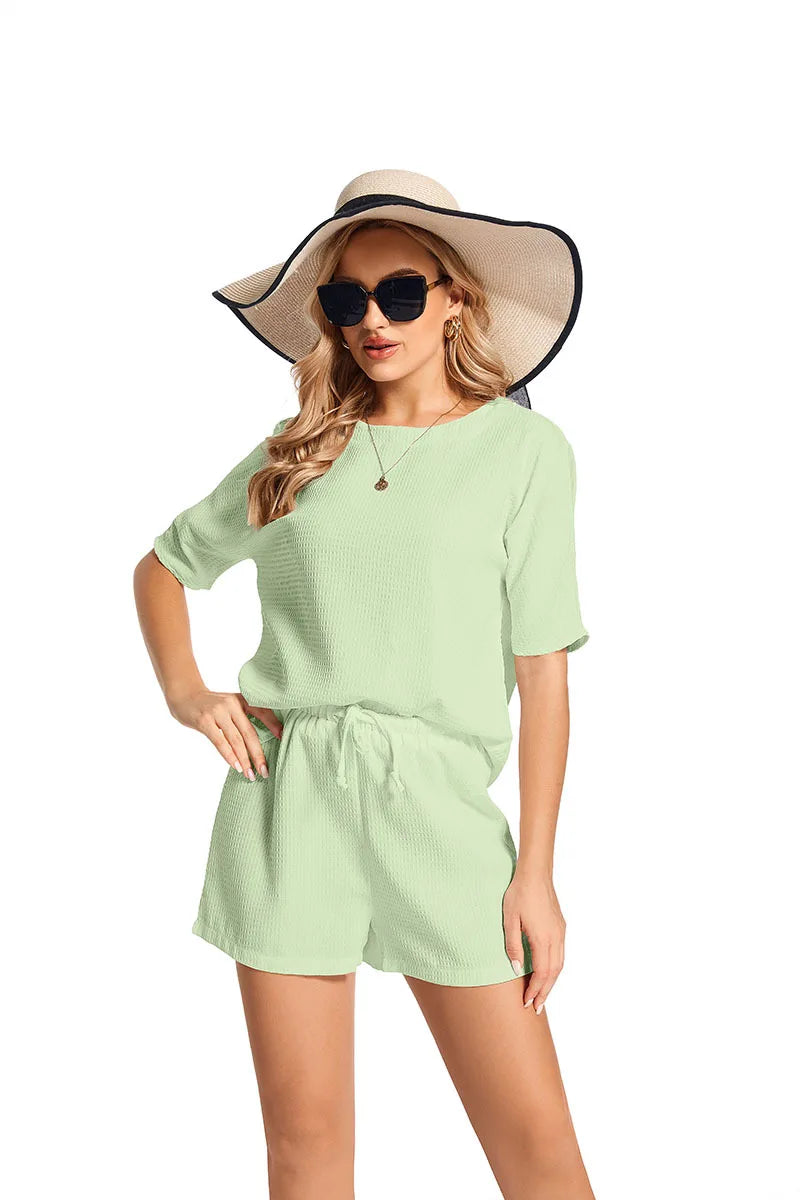 2024 New Two Piece Set For Women Short Sleeve Foreign Style Bat T Shirt Fashion Solid Color Shorts 2 Piece Sets Women Outfits