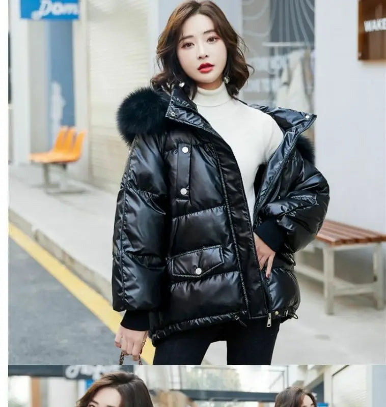 2026 Winter Fashion New Warm Duck Down Jacket Women's Clothes Glossy Fur collar Thicken Parka Short Down Coat Female Trend