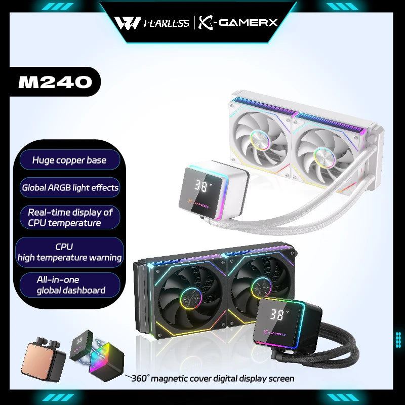 X-GAMER M240 water cooler Global ARGB light CPU Digital temperature display 360° magnetic cover 240mm watercooling