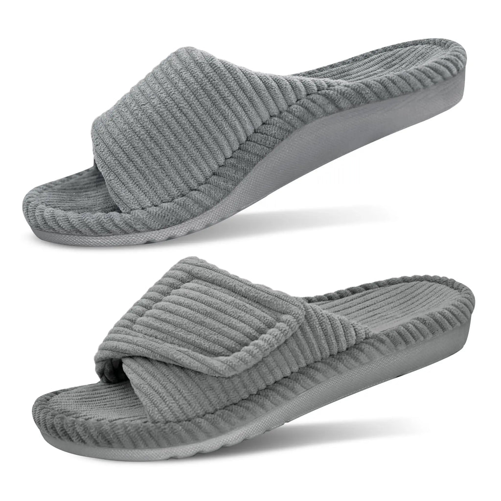 Evshine Women Fuzzy House Slippers with Arch Support Indoor Open Toe Corduroy Slides Adjustable Strap Bedroom Orthopedic Shoes