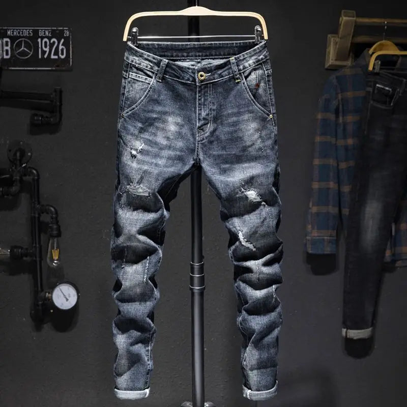 Elastic Fashion Jeans Men Ripped Vintage Slim Denim Pants Hip Hop Distressed Frayed Fashion Men's Clothing Pants