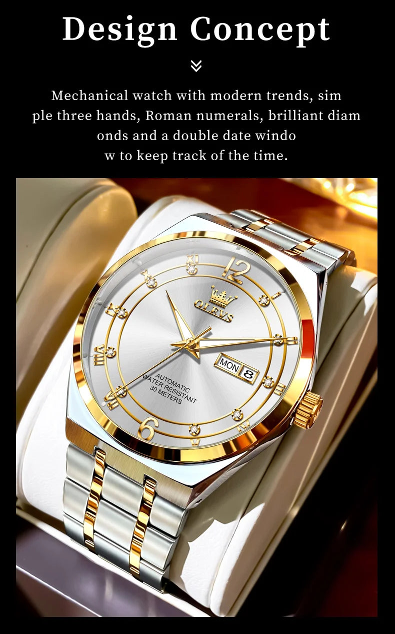 OLEVS 7068 Mens Watch Original Automatic Menchanical Wristwatch Waterproof Luminous For Men Sport Date Dual Calendar Design