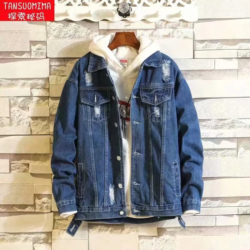 Customizable Men Denim Jacket Streetwear Hip Hop Men's Hooded Jean Jackets Male Casual Loose Outerwear Fashion Slim Fit Coat