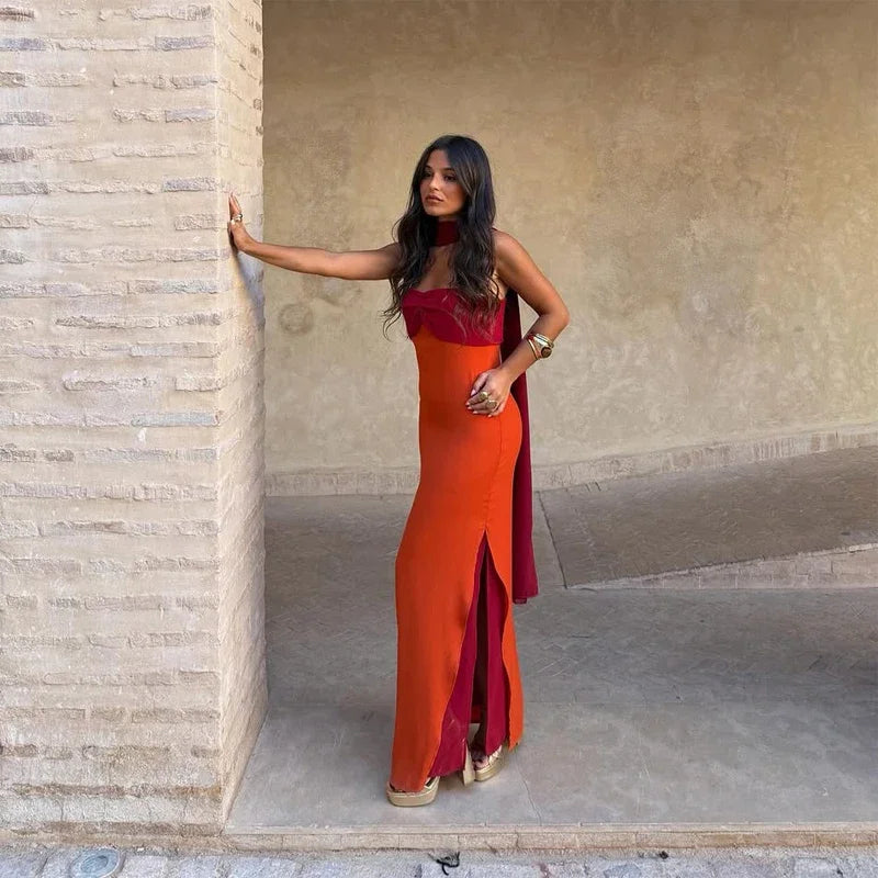 Color Blocking Scarf Collar Sling Dress Sexy Waist Cinching Chic Split Bodycon Maxi Dresses 2026 Lady Club Party Vestido