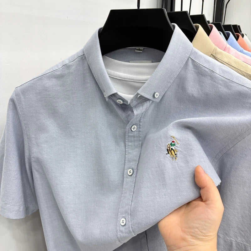 Short Sleeved Shirt Men's Summer New Item Pure Cotton High-end Brand Little Horse Logo Embroidered Casual Shirt