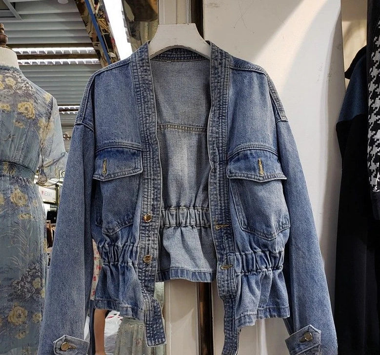 Denim Jacket for Women Plain Cinched Waist Slim Woman Jean Coat Blue Outerwear Spring Autumn 2025 Fashion Low Price Y2k Clothes