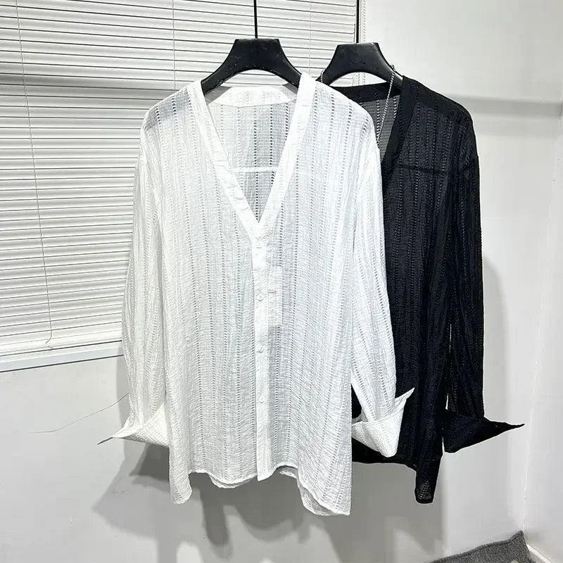 Simple Loose Hollowed-out Draped V-neck Loose Shirt for Men Solid Color Y2K Blouse Fashion Tops Chic Casual Male Clothes