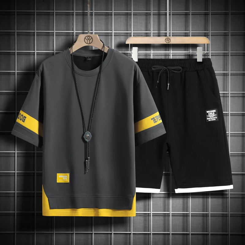 2024 Summer Black White Tracksuits For Men's Set Sleeves T-Shirt + Shorts Sportswear Brand Sporting Suit Oversize 5XL