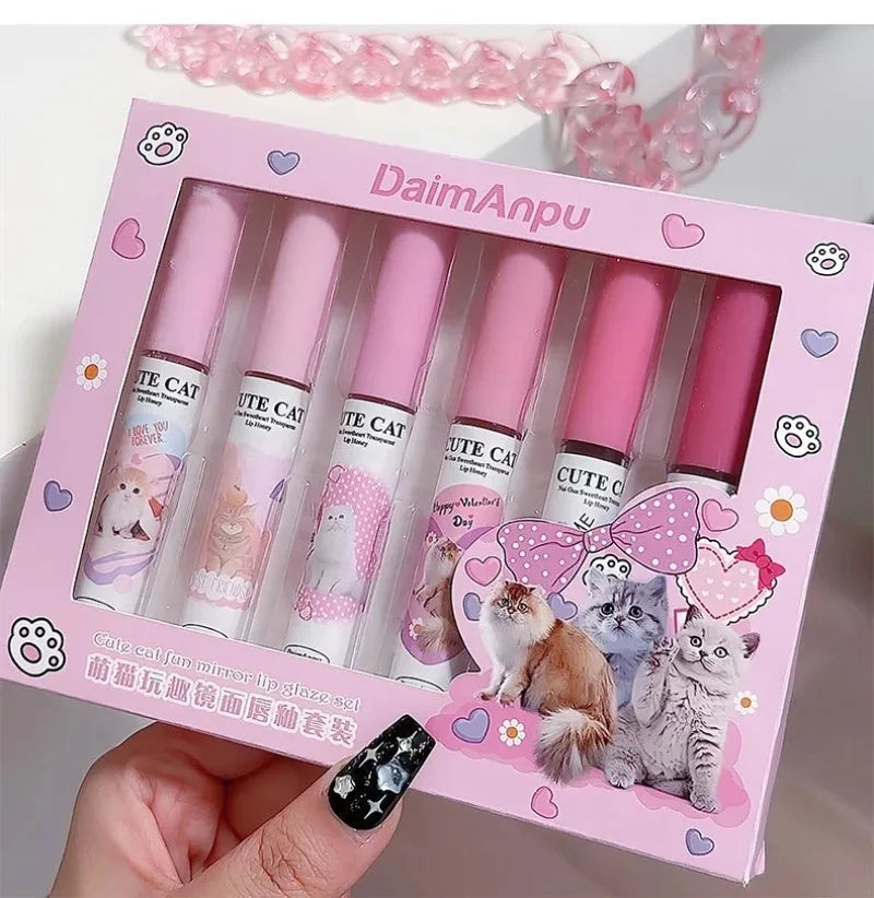 6Pcs/set Cute Cat Mirror Water Lip Gloss Set Red Tint for Lips Makeup Long Lasting Glass Lip Glaze Waterproof Lipstick Kit