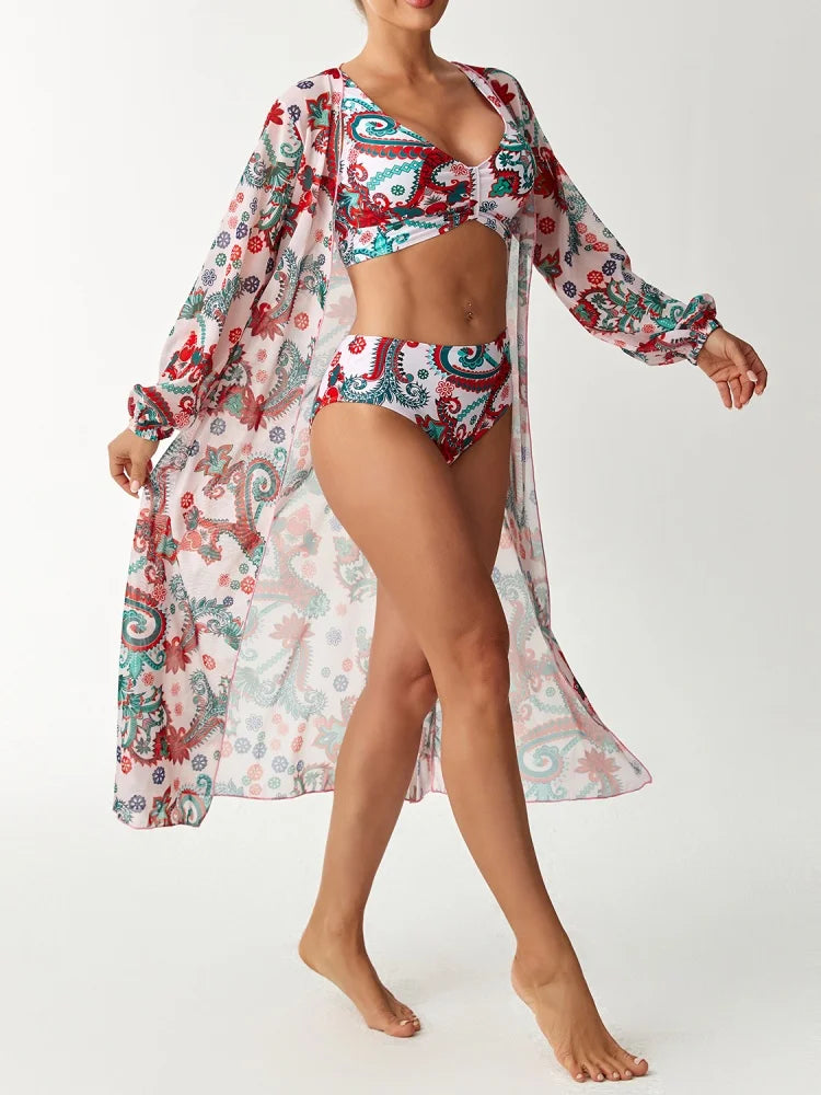 Bikini Women Swimsuit 2026 New Print Sling Bikini Set Sexy High Waist Swimwear Summer Long Sleeve Mesh Beach Bathing Suit Female