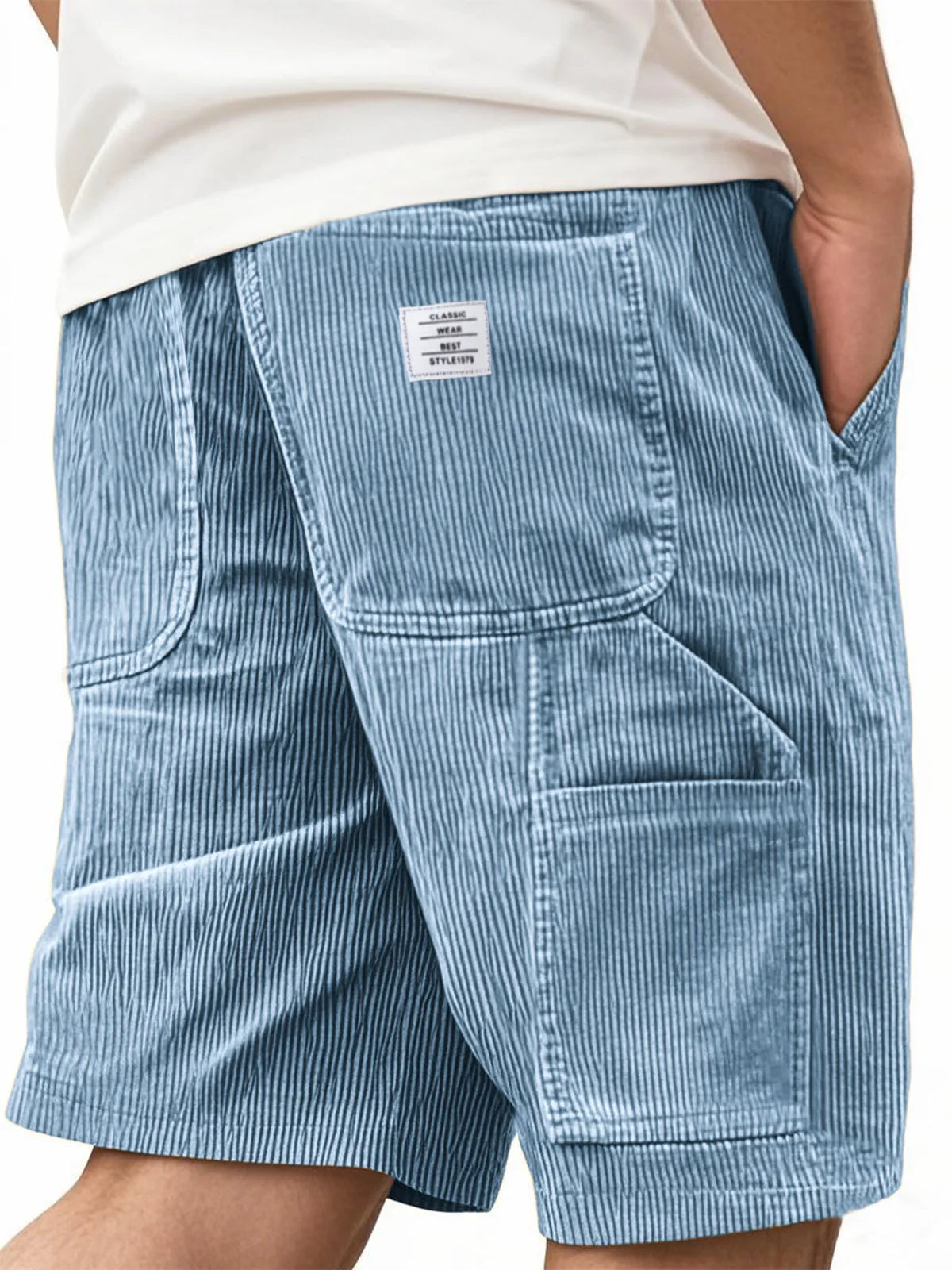 Men's Workwear Shorts Summer Casual Corduroy Loose Elastic Waist Multi-Pocket Leisure Pants Embroidery Retro Style Male Trousers