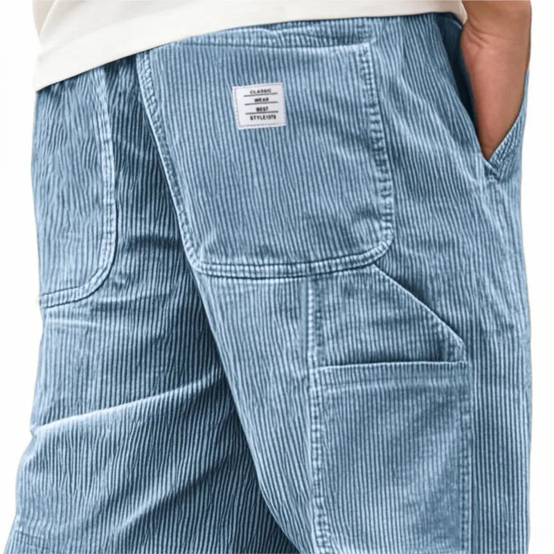 Men's Workwear Shorts Summer Casual Corduroy Loose Elastic Waist Multi-Pocket Leisure Pants Embroidery Retro Style Male Trousers