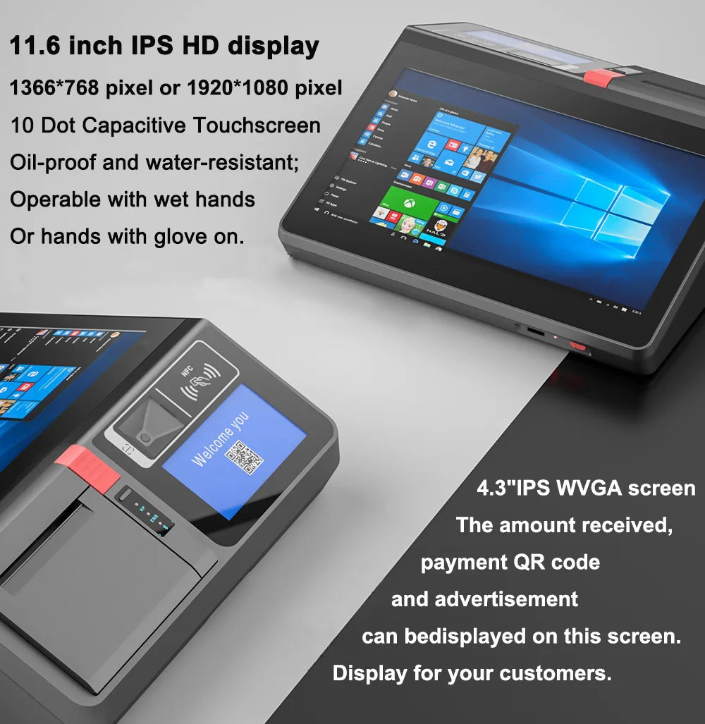 11.6inch Desktop /Wall-mounted Windows & Android Cash Register POS Systems with 80mm Autocutter Thermal Receipt & Label Printer