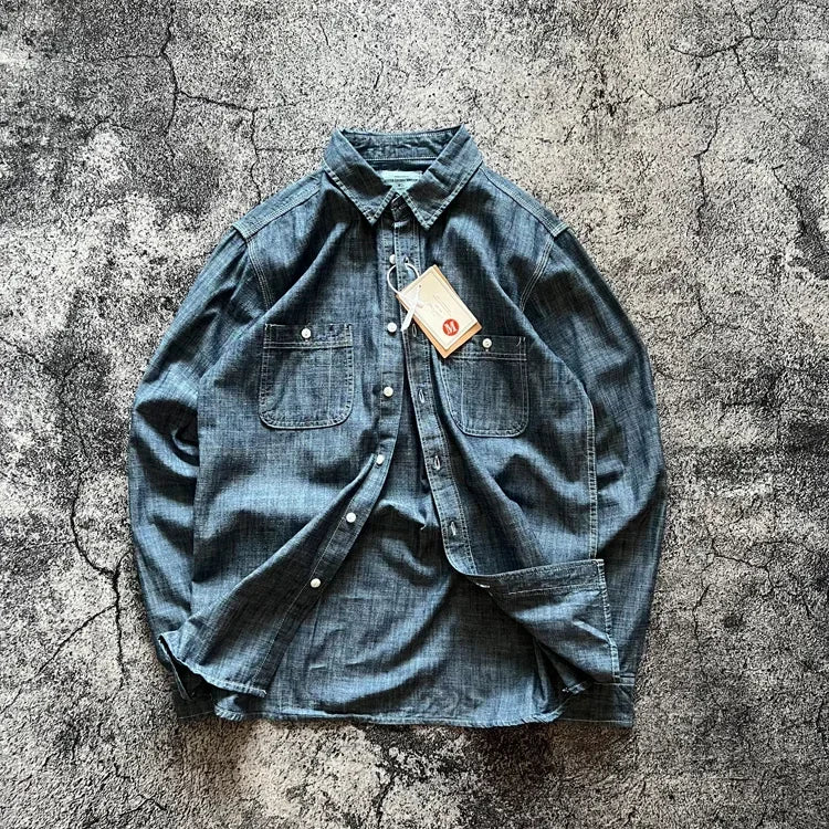 Japan Retro Bamboo Yarn Denim Casual Shirt Cool Hong Kong Style Long Sleeve Loose Spring Autumn 100% Cotton Washed Workwear Tops