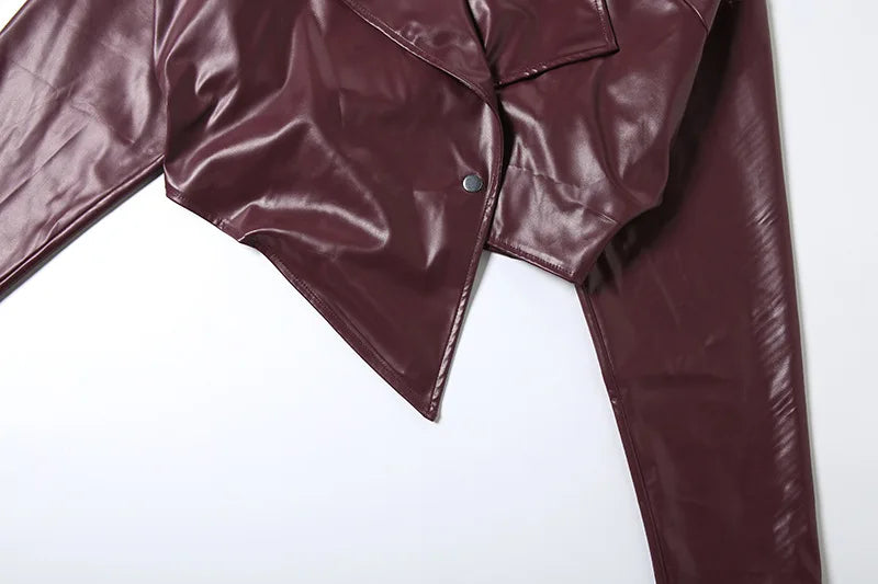 Joskaa 2025 Fall Women's PU Leather Jackets Fashion Solid Lapel Full Sleeve Slim Irregular Crop Coats Outerwear Y2K Streetwear