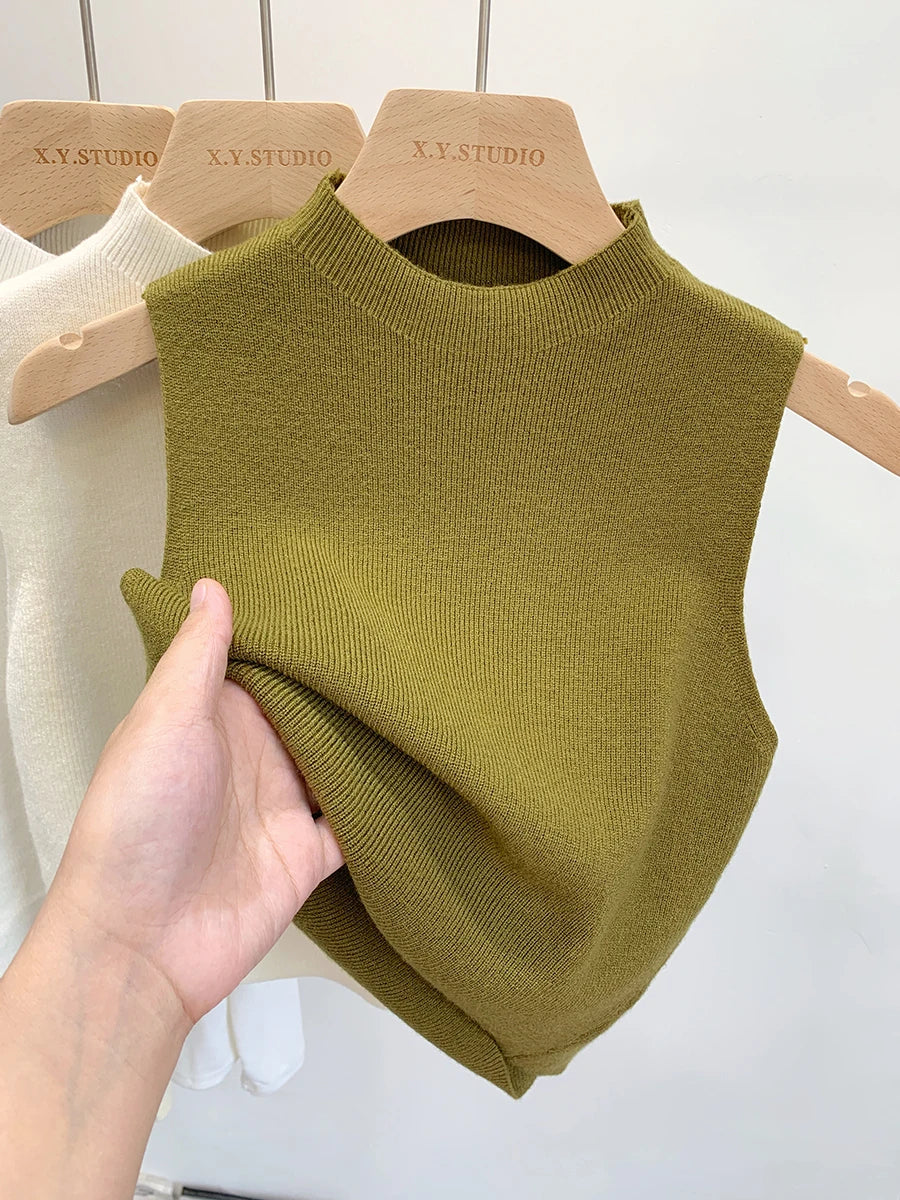 2026 Women Knitted Tank Top Spring Summer Slim Sweater Short Sleeveless Solid Spring Autumn Sweaters Pullovers