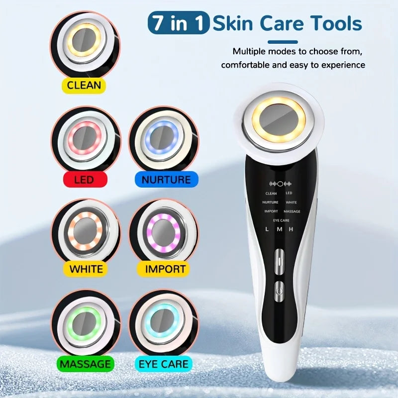 This handheld facial cleansing and beauty device, a USB rechargeable face and neck massager, is compact and portable, suitable f
