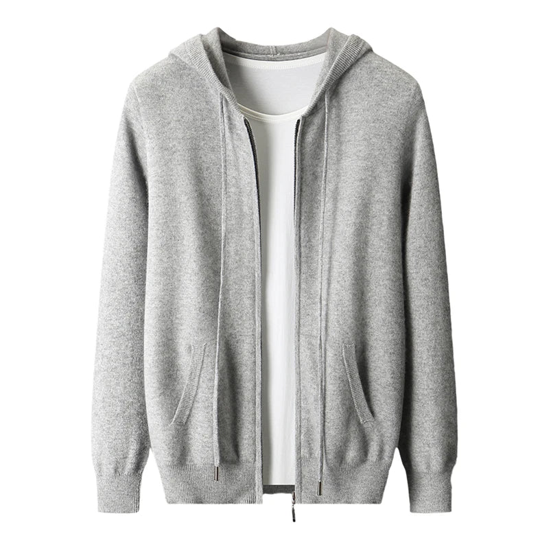 Hot Selling New Style Real Knitted Men's Cardigan Hooded Sweater Loose Full Sleeves Autumn and Winter Men's Pure Wool Sweater