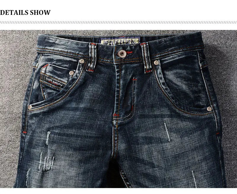 Italian Style Fashion Men Jeans High Quality Retro Black Blue Elastic Slim Fit Ripped Jeans Men Vintage Designer Denim Pants