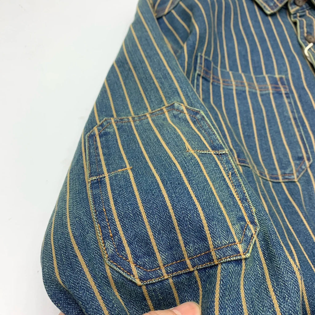 2025 Autumn New American Retro Heavyweight Striped Denim Shirt Jacket Men's 100% Cotton Washed Old Fashion Loose Casual Coat