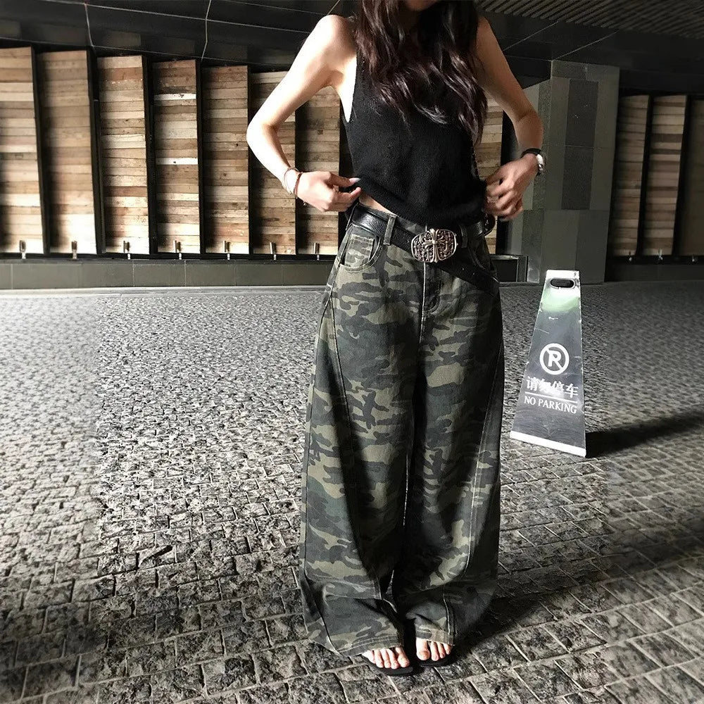 YJKDYK High Waist Camouflage Workwear Jeans Women's Autumn Spring American Retro Wide Leg Floor-Length Pants Trendy High Street