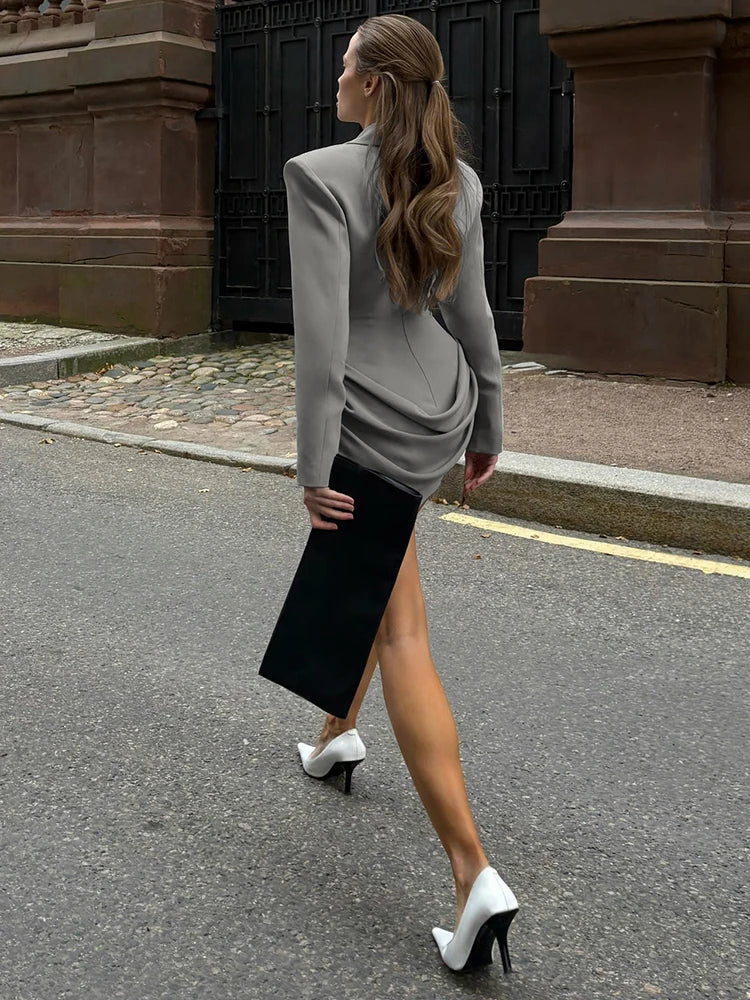 Sisterlinda Classic Ruched Dress Women Lapel Irregular Hem Full Sleeve Skinny Solid Elegant Autumn Trend Commute Office Bodycon