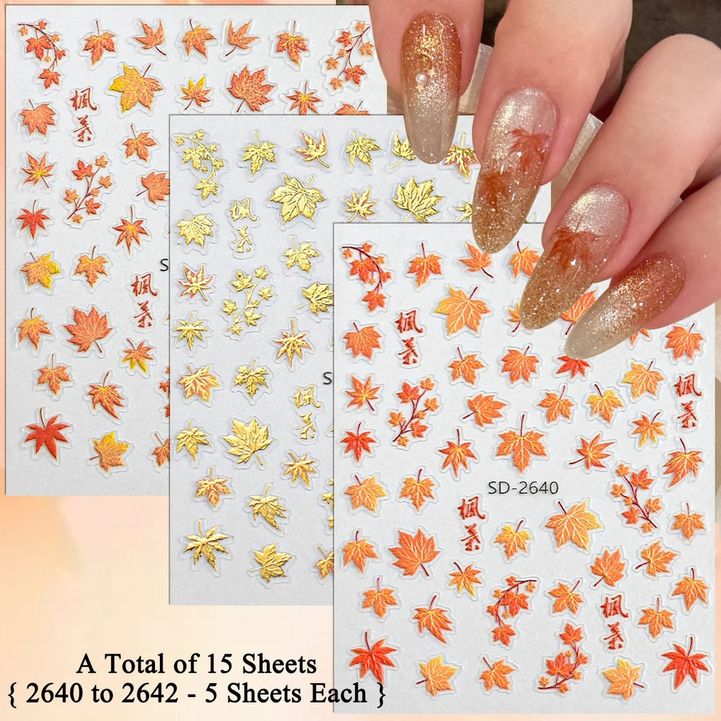 3 to 30 Sheets Autumn Maple Leaves Nail Stickers 5D Embossed Gold Foil Fall Leaf for Nails, Self-Adhesive DIY Manicure Art