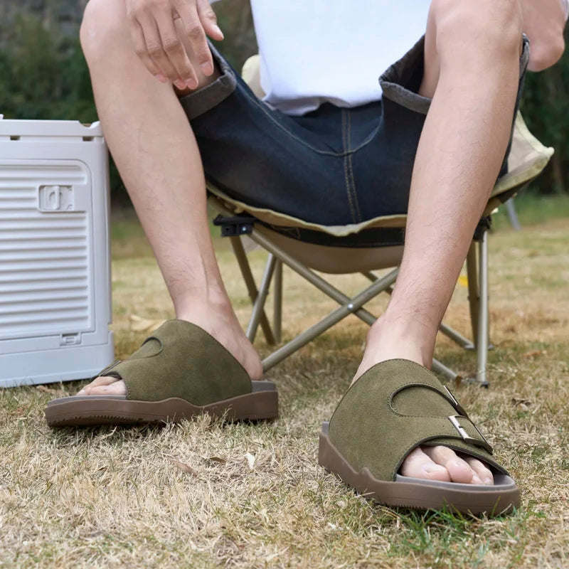 Suede Leather Mens Slippers Casual Sandals Breathable Slides Lightweight Summer Beach Flats Outdoor Walking Shoes Zapatos Hombre