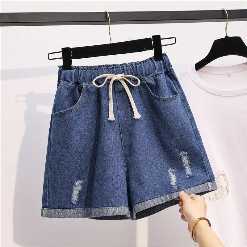 Denim Shorts for Women Korean Style Young College Girls Clothing Summer Elastic Waist Fashion Soft Loose Streetwear Chic Pockets