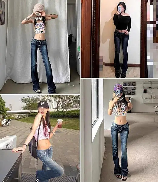 Women Washed Jeans Flare Pants Denim Mid Waist Slim Fit Pockets Button Solid Vintage Full Length Casual Denims Trousers