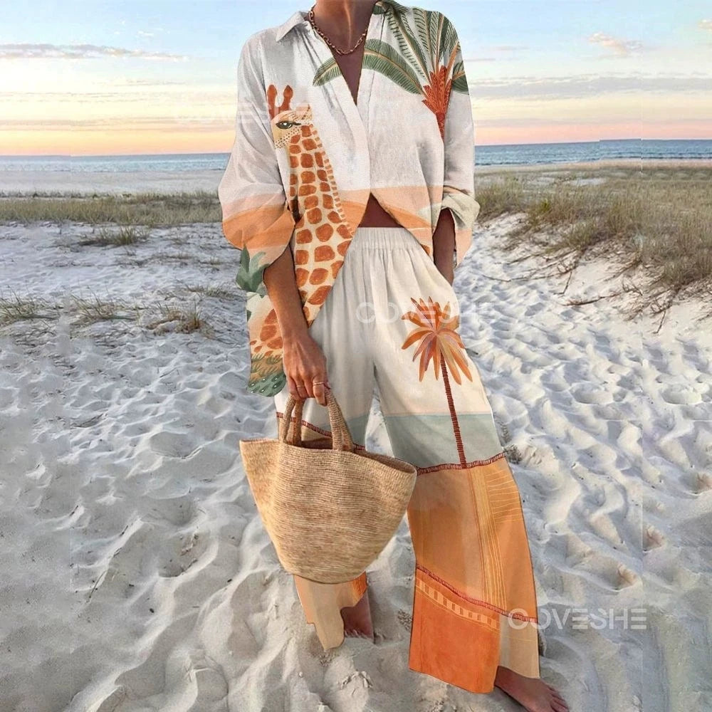 Women's Autumn Holiday Sets Outfits Fashion Print Long Sleeve Shirt Top+Wide Leg Pants 2 Pieces Set For Woman Boho Clothes New
